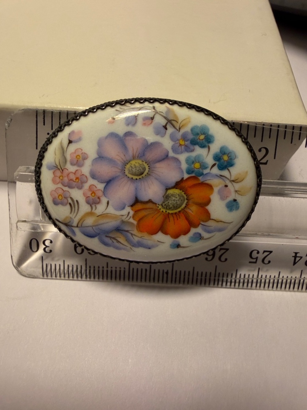 Vintage Porcelain Hand-painting Oval Brooch - Blue & Orange Flower Design